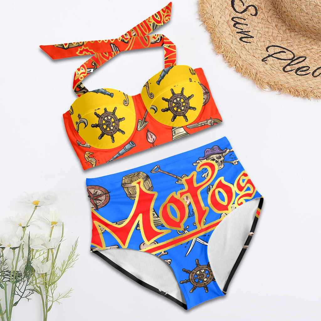 All-Over Print Women's High-Waisted Halter Bikini Set