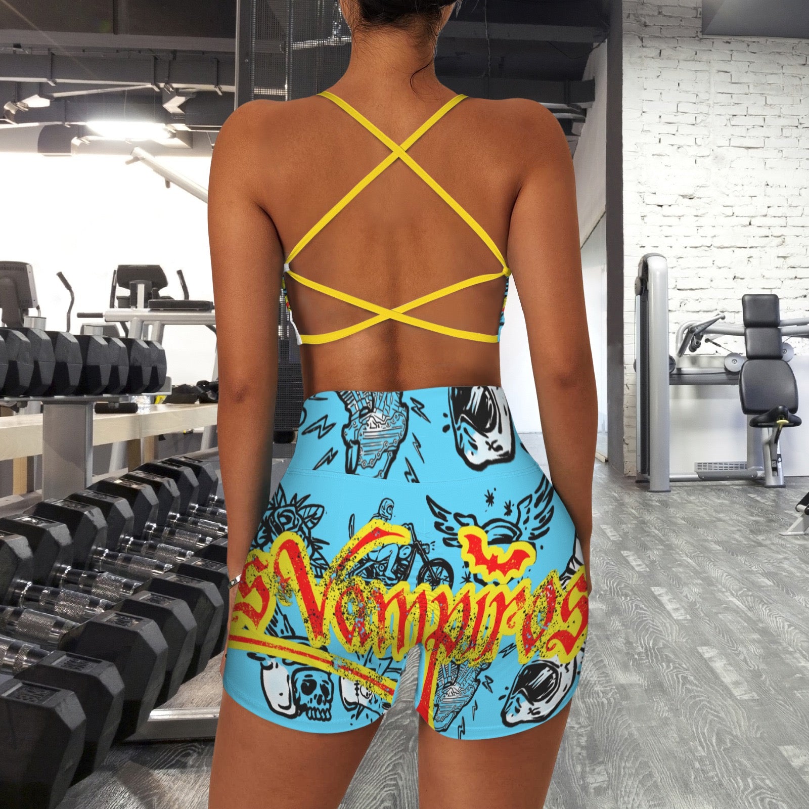 Custom Personalized Strappy Back Sports Bra & High Waist Shorts Sports Set