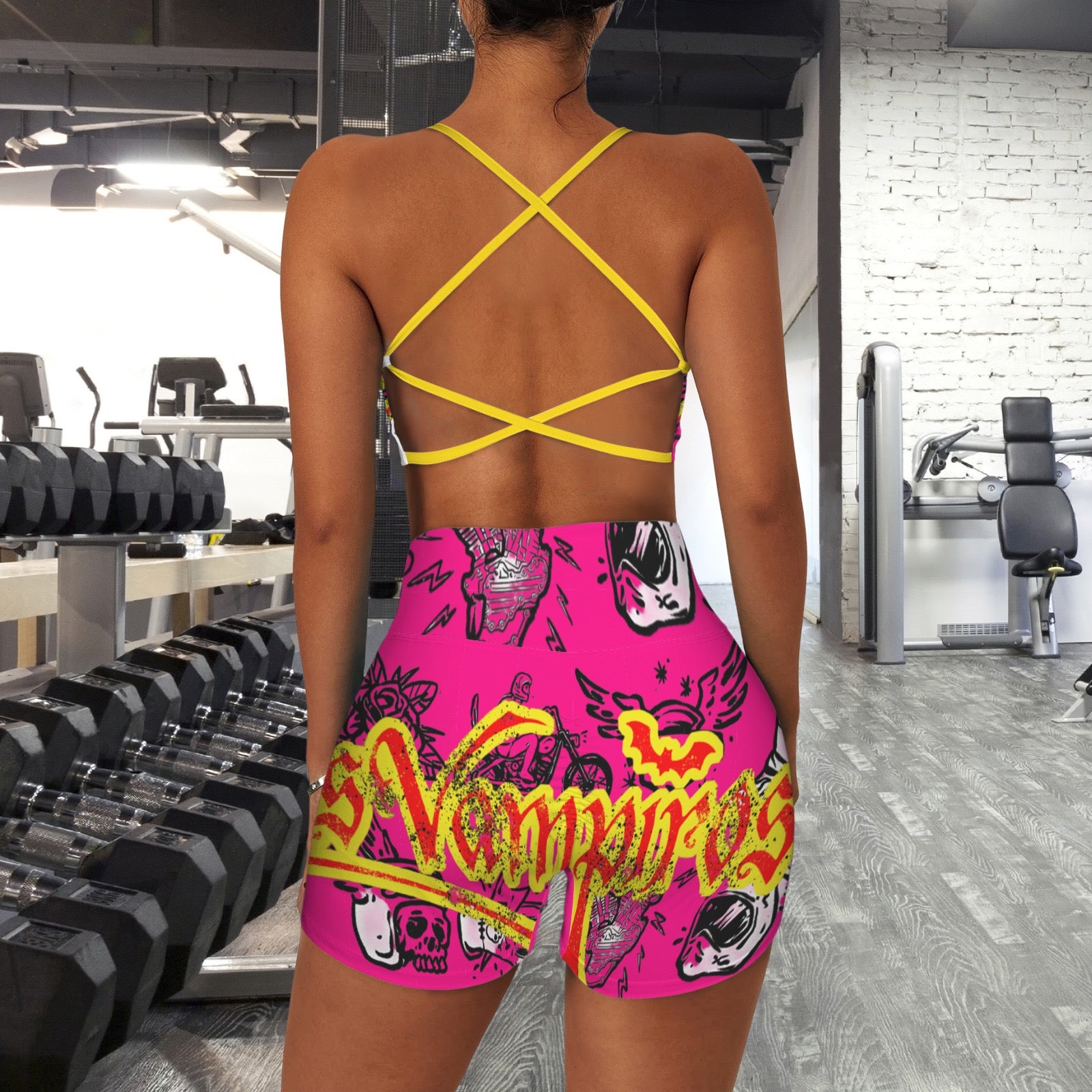 Custom Personalized Strappy Back Sports Bra & High Waist Shorts Sports Set