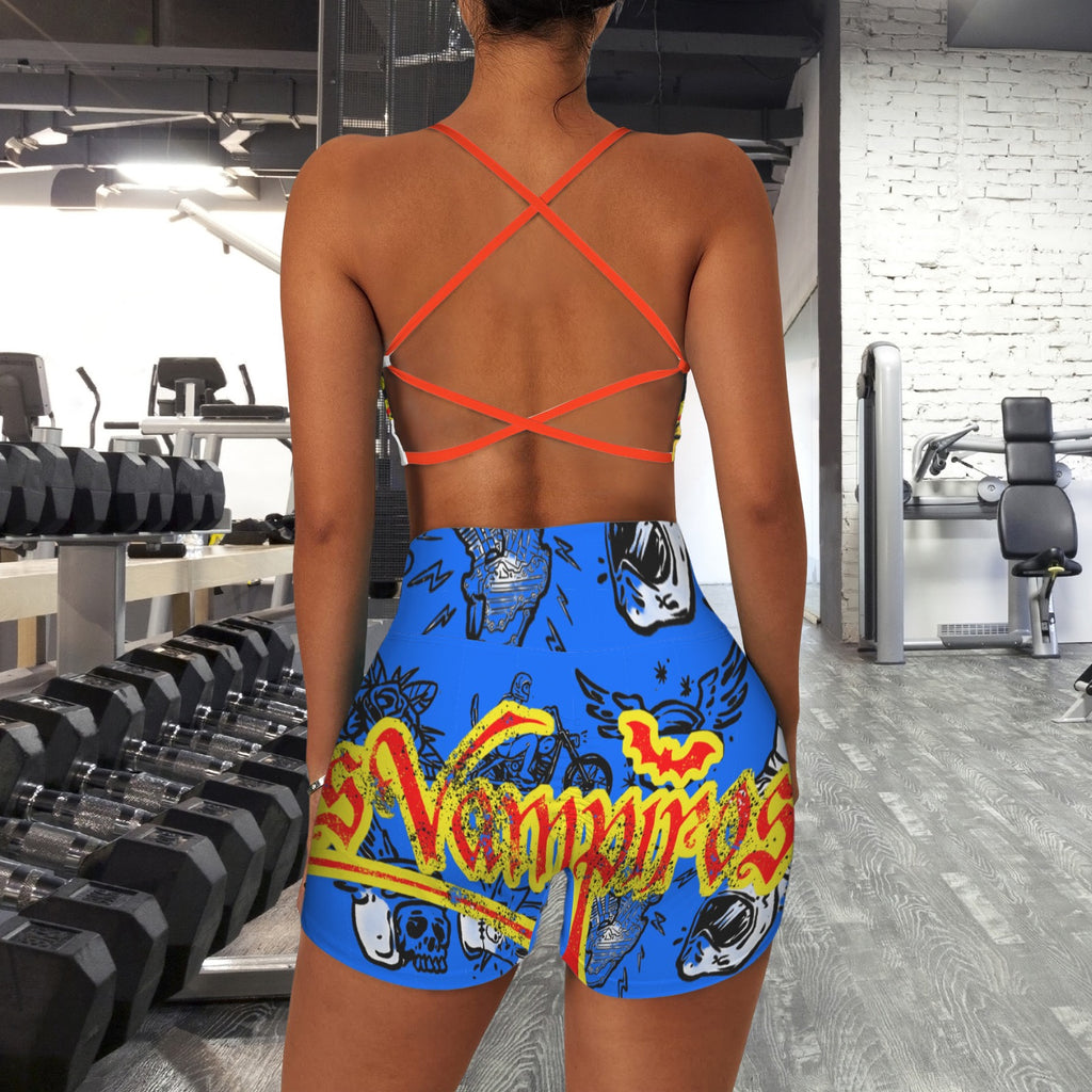 Custom Personalized Strappy Back Sports Bra & High Waist Shorts Sports Set