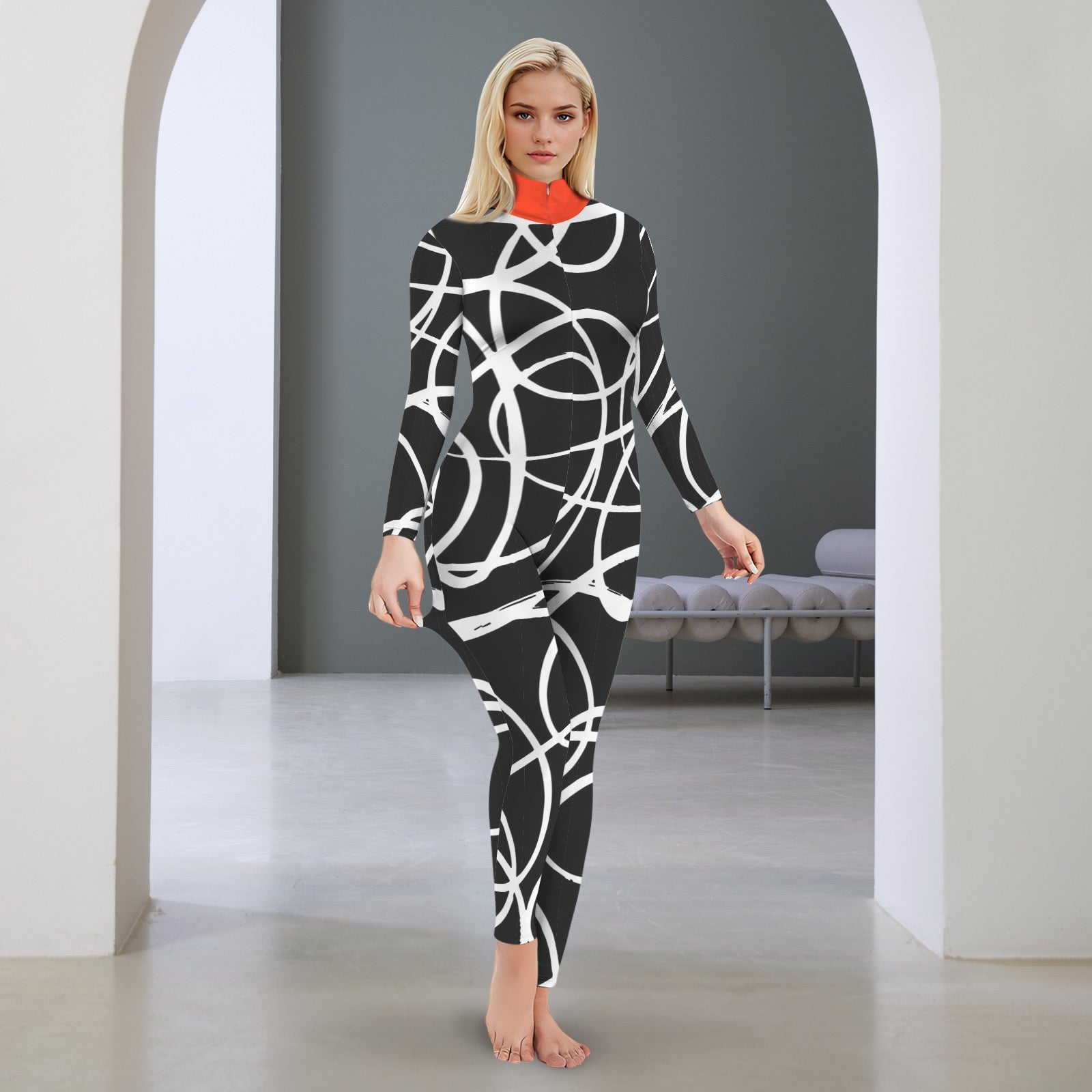 All-Over Print Women's Long Sleeve Skinny Fit Jumpsuit