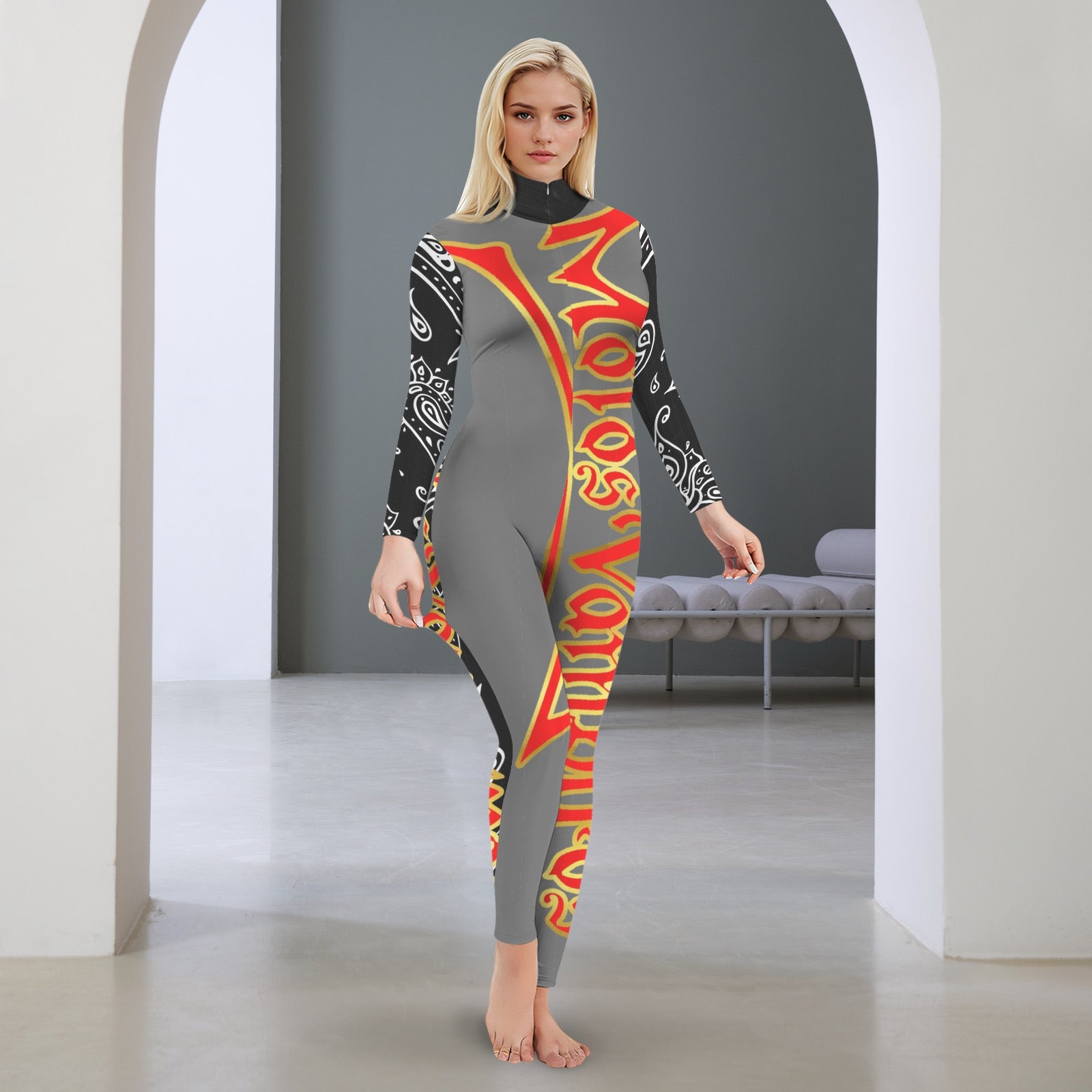 All-Over Print Women's Long Sleeve Skinny Fit Jumpsuit