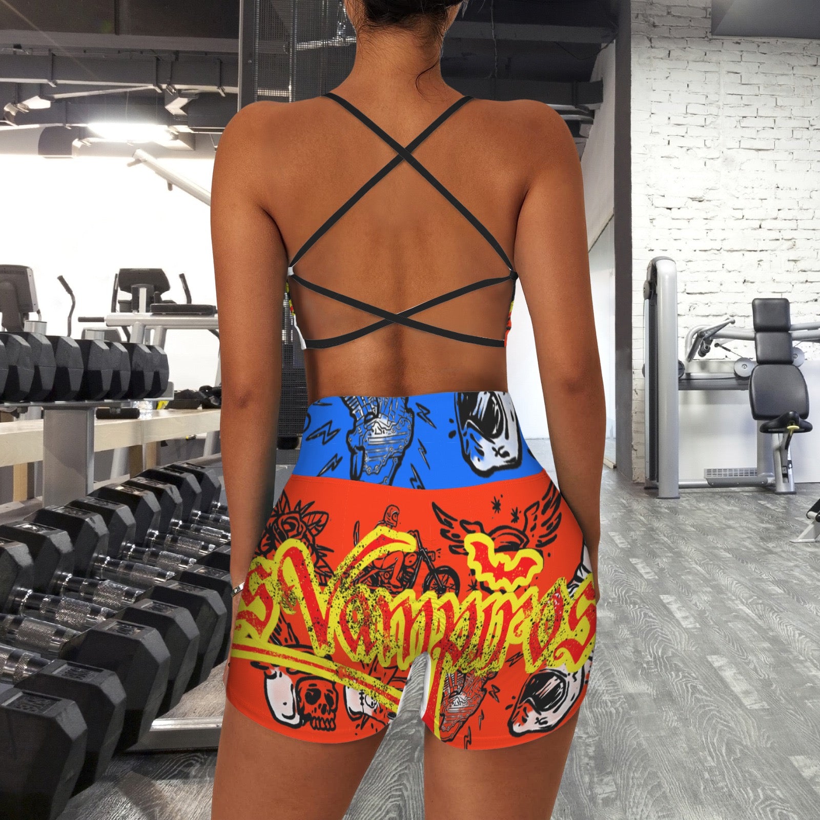 Custom Personalized Strappy Back Sports Bra & High Waist Shorts Sports Set