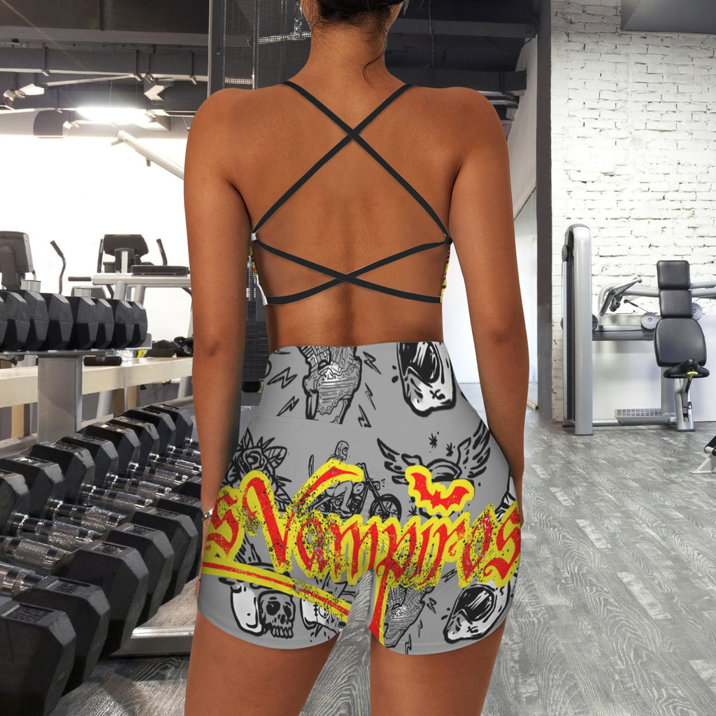 Custom Personalized Strappy Back Sports Bra & High Waist Shorts Sports Set
